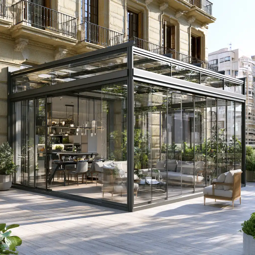 Patio interior techado con cerramiento de cristal y aluminio en una vivienda de Badajoz